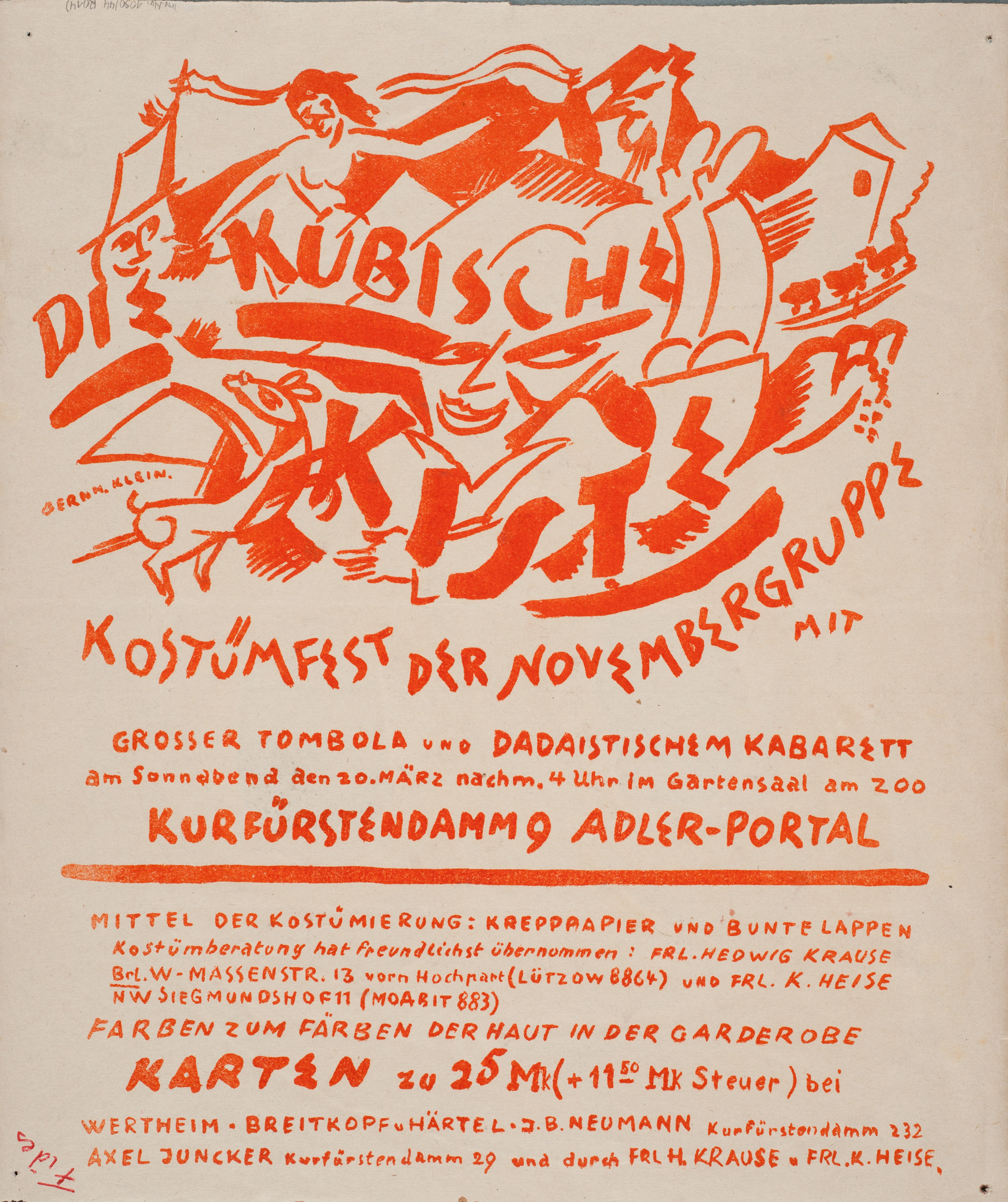 Ein Flyer, orange bedruckt auf weißem Papier. Darauf groß: "Die Kubische Kiste". Der Schriftzug ist von geometrischen Formen, abstrakten Gesichtern, Gebäuden und Menschen umgeben.