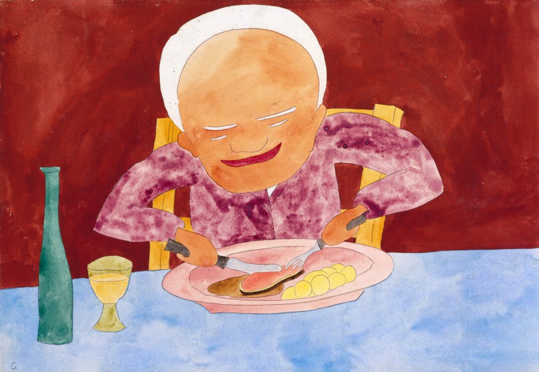 Ein Gemälde von Paul Goesch. Es zeigt eine männlich gelesene Person die an deinem Tisch sitzt und isst. Auf dem Tisch stehen auch eine Flasche und ein Glas. thumbnail