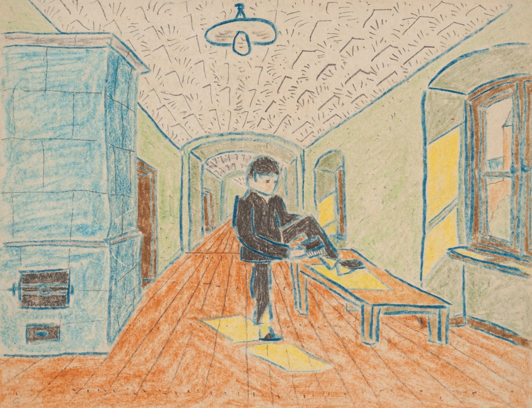 Ein Gemälde von Paul Goesch. Es zeigt eine Figur in der Mitte des Bildes. Sie befindet sich in einem langen Flur und hat ein Bein auf einer Bank abgestellt. thumbnail