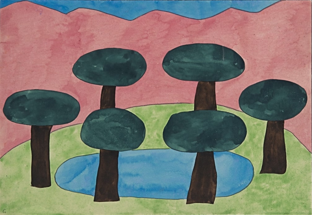 Ein Gemälde von Paul Goesch. Es zeigt 6 Bäume, die um einen See in der Mitte stehen. Drumherum sind flächig grüner Boden und rote Berge gemalt. thumbnail