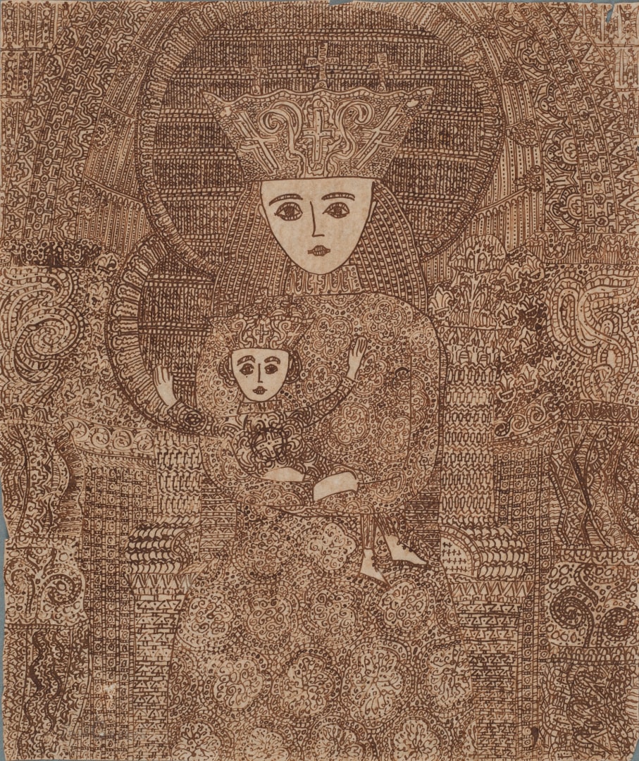 Ein Gemälde von Paul Goesch. Es zeigt eine weiblich gelesene Person mit einem Kind auf dem Arm. Das Bild ist in Sepiafarben und mit vielen feinen Mustern gezeichnet. thumbnail