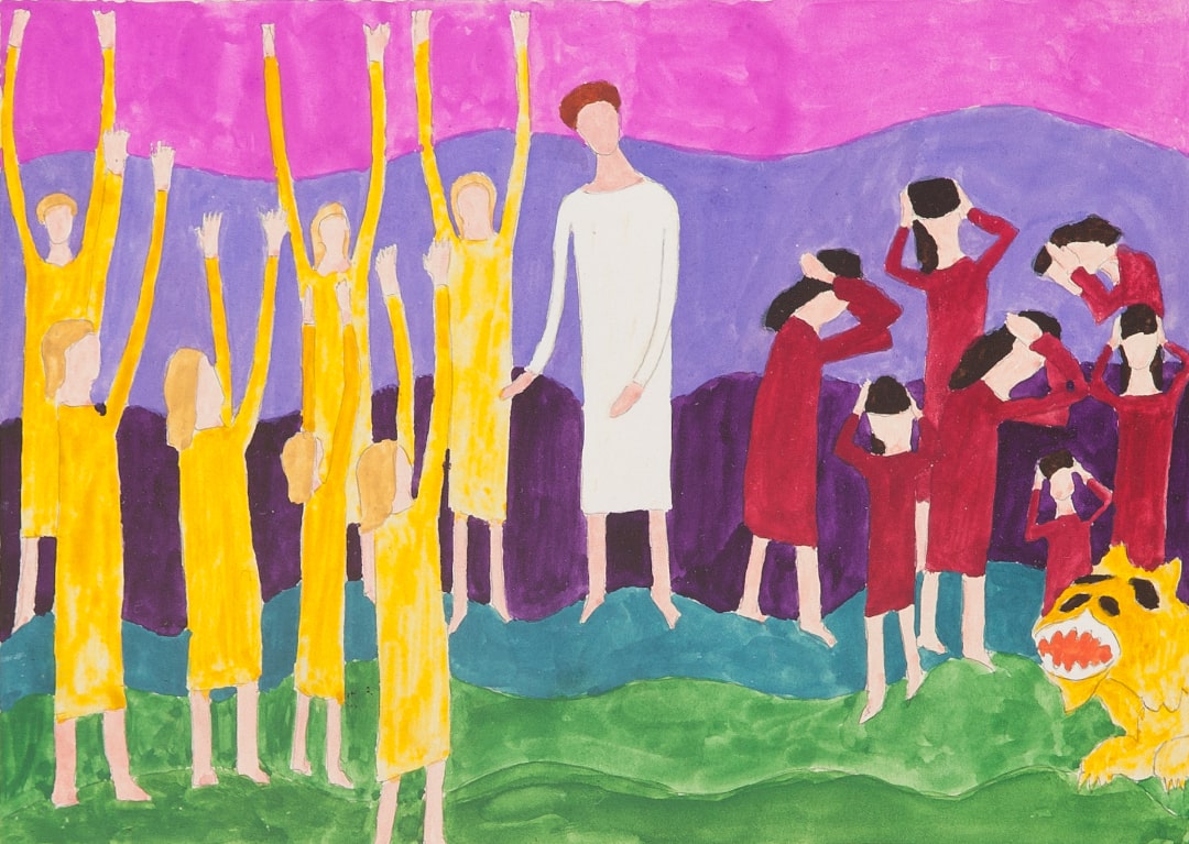Ein Gemälde von Paul Goesch. Es zeigt zwei Gruppen von Menschen. Die eine Gruppe ist gelb gekleidet und hebt die Arme in die Höhe. Die andere ist rot gekleidet und hält sich die Ohren zu. In der Mitte steht eine Person in weiß. Vorne ist ein Tiger zu erkennen. thumbnail