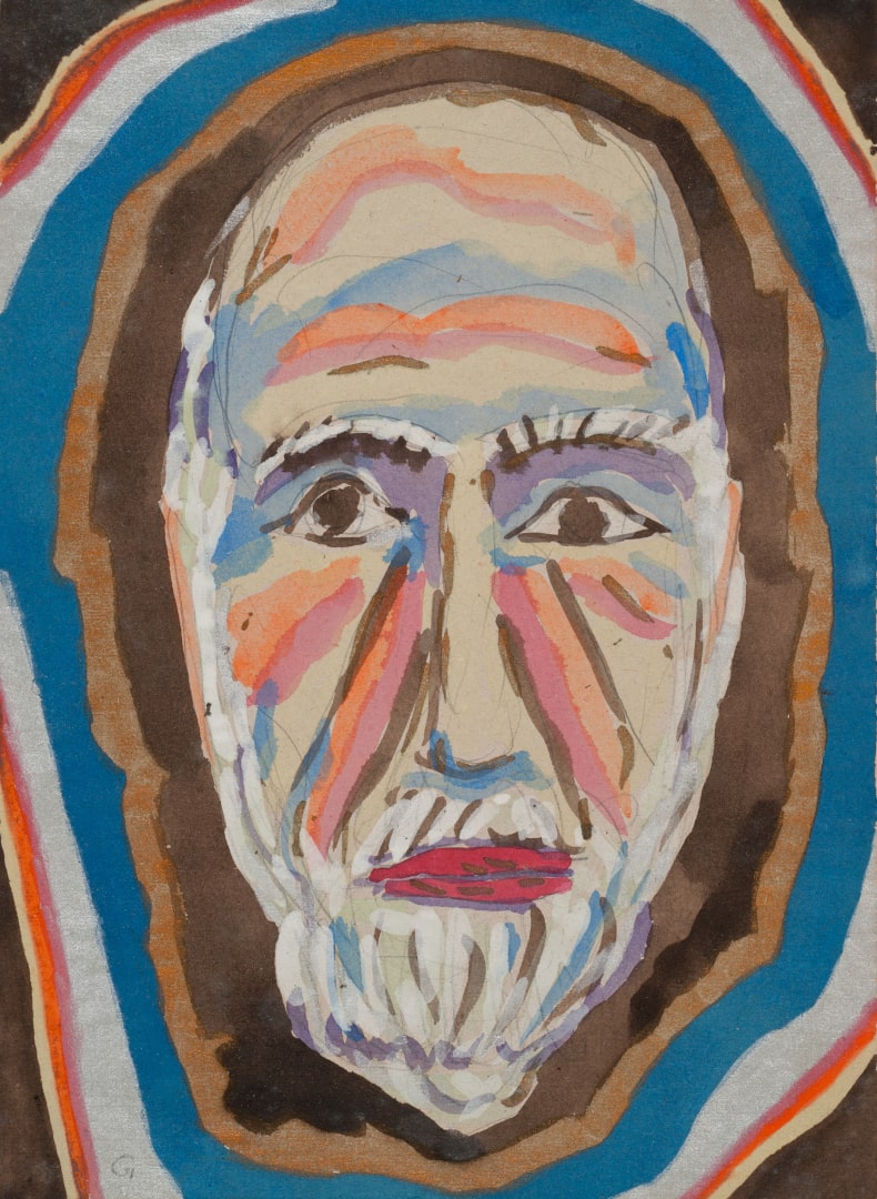 Ein Gemälde von Paul Goesch. Es zeigt den Kopf einer männlich gelesenen Person. Um den Kopf sind verschiedenfarbige Kreise gemalt. thumbnail