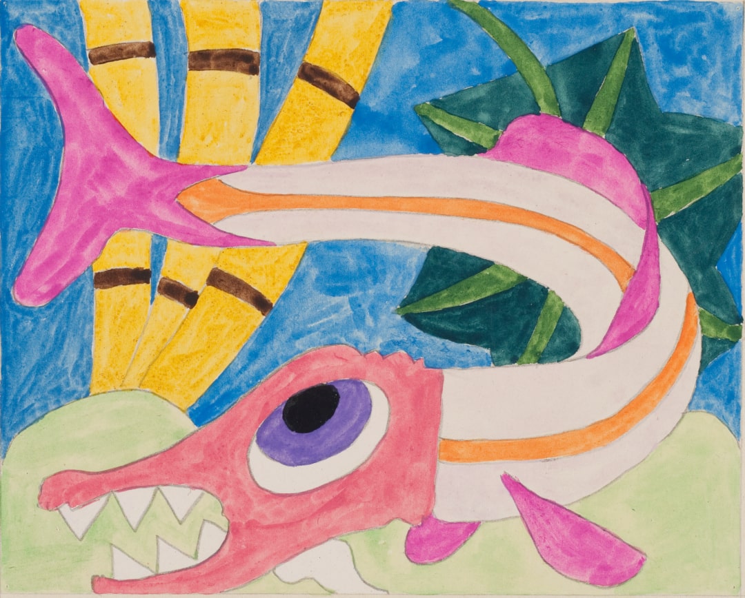 Ein Gemälde von Paul Goesch. Es zeigt einen Fisch mit großen Zähnen im Wasser. Im Hintergrund sind Seepflanzen. thumbnail