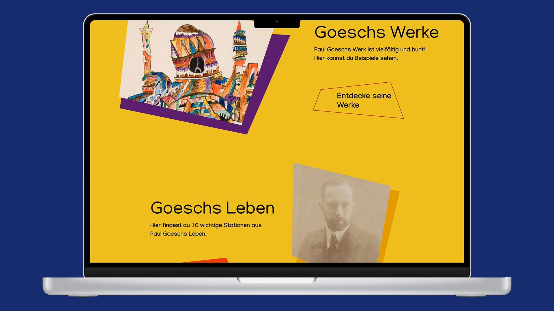 Ein Screenshot einer Webseite über Paul Goesch, dargestellt auf einem Laptop-Bildschirm. Der gelbe Hintergrund der Seite zeigt zwei Hauptabschnitte. Die Abschnitte " Goeschs Werke" und "Goeschs Leben" sind zu sehen.